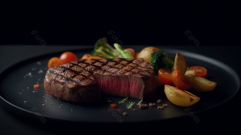 新鲜的水果蔬菜与美味的烤制牛排健康美食,高清,摄影图,摄影图片,图片大全,摄影图免费下载